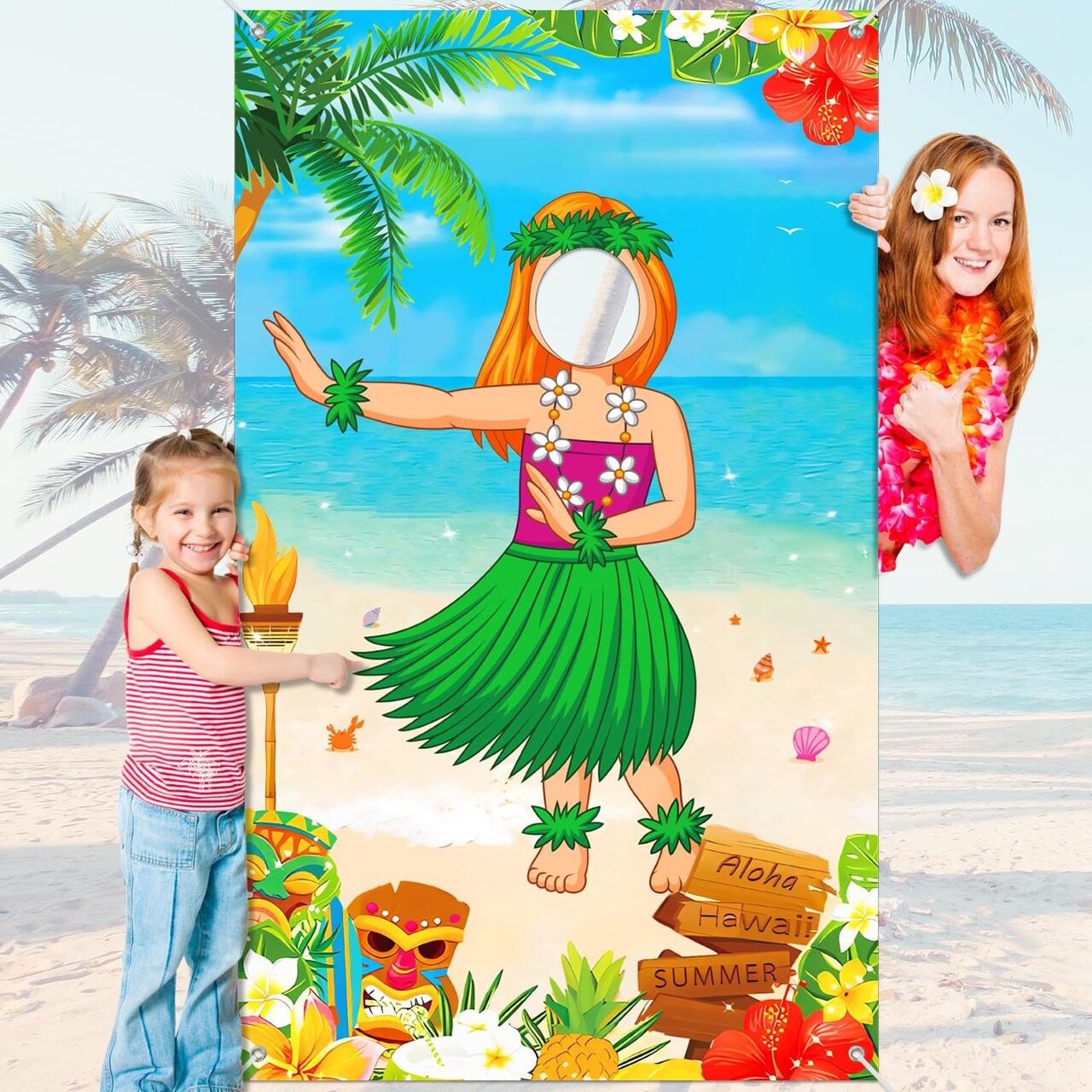 Hawaiian Photo Door Banner, Luau Party Decorations, Large 65×39 inches Tiki Luau Photo Props, Aloha Tiki Banner for Party Hawaiian Door Banner, Party Supplies for Tropical Beach